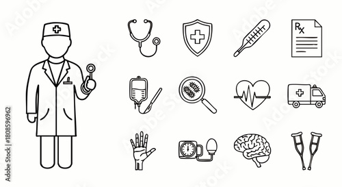 A vector illustration depicts a doctor with medical equipment icons, symbolizing healthcare, medicine, and wellness in a clean, modern style.