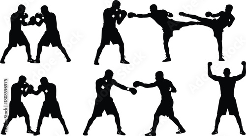 Boxer silhouettes, fighting poses, punch and kick action, martial arts, sports training, victory stance, athletic movement, combat illustration, gloves, fitness