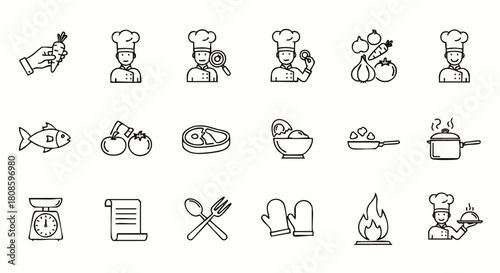 A collection of illustrated cooking icons, showcasing various culinary elements and kitchen tools, perfect for food-related design projects.