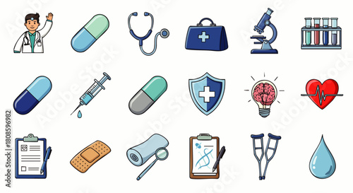A vibrant collection of medical icons, including pills, a stethoscope, and various healthcare-related symbols, designed for medical and healthcare-related projects.