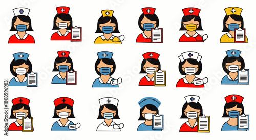 A collection of diverse nurses, each wearing a face mask and holding a clipboard, representing healthcare professionals and medical staff.