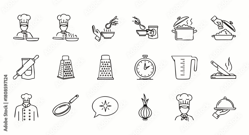 Obraz premium Chef-themed line art icons depict cooking activities, from preparing ingredients to serving finished dishes, perfect for culinary projects.