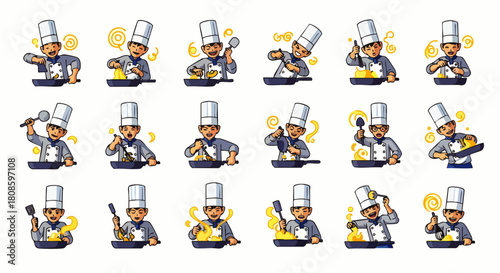 A series of illustrations depicts a chef meticulously preparing food in a frying pan, showcasing various cooking techniques and actions in a kitchen setting.