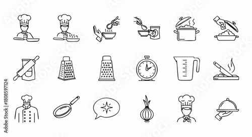 Chef-themed line art icons depict cooking activities, from preparing ingredients to serving finished dishes, perfect for culinary projects.