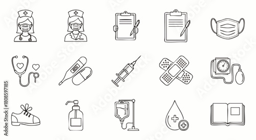 A collection of healthcare icons, including nurses, medical tools, and equipment, designed in a simple line art style for various medical applications.