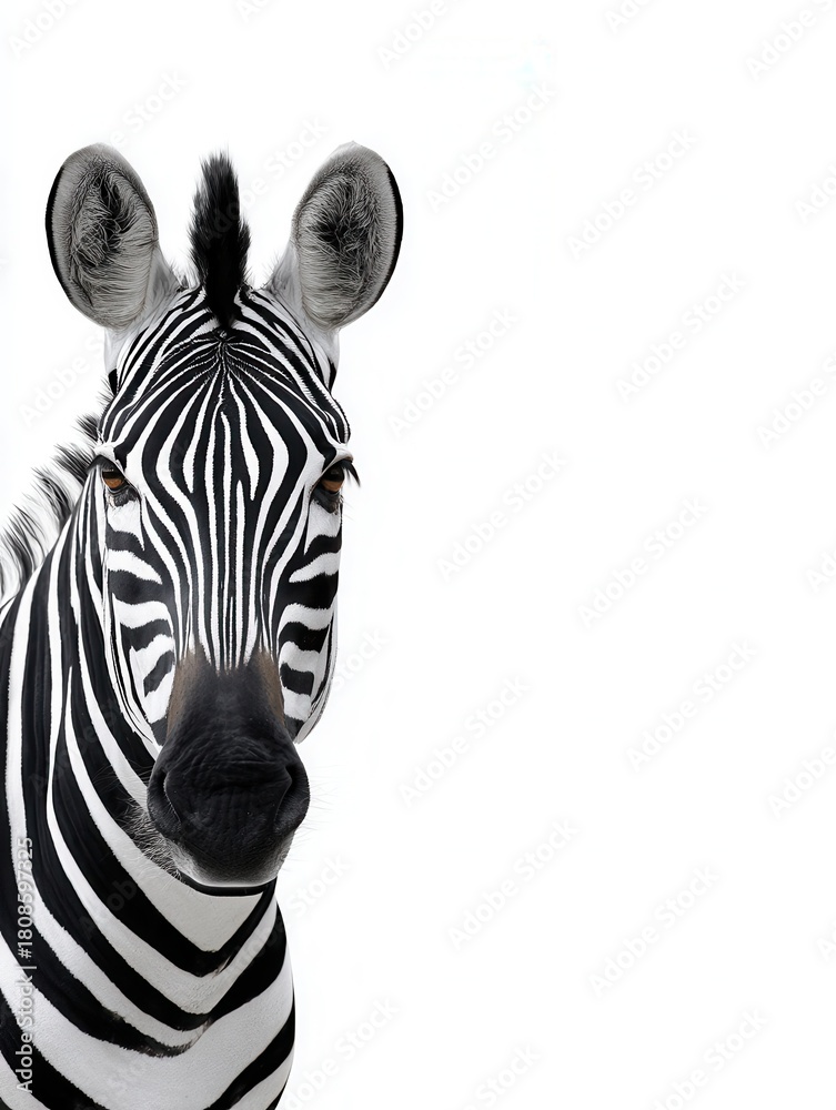 Obraz premium A striking close-up of a zebra showcasing its unique black and white stripes. Ideal for wildlife and nature themes.