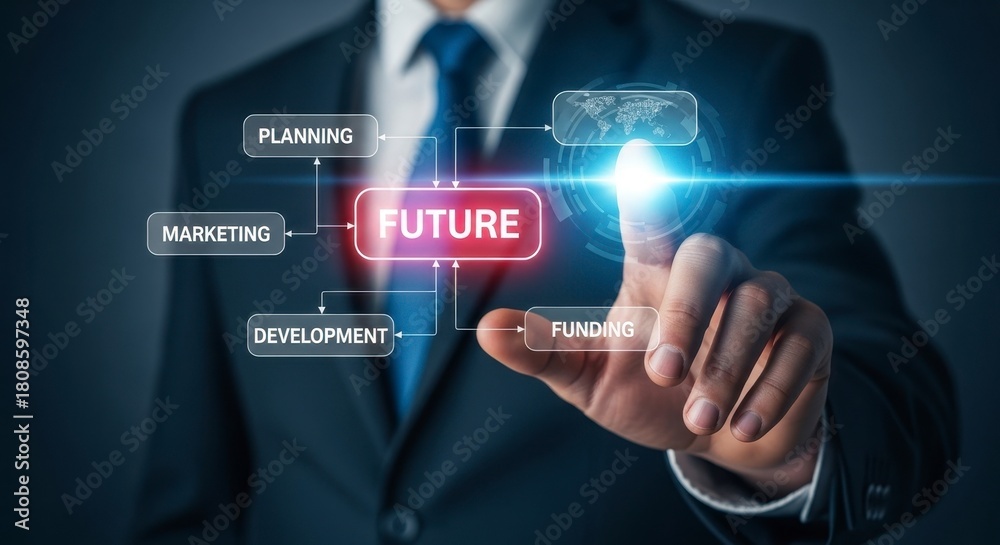 Obraz premium Businessman touching futuristic interactive display showing future strategy