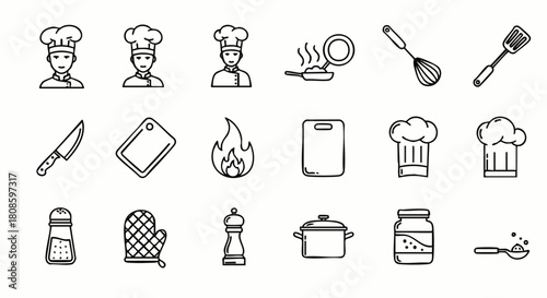 A collection of hand-drawn kitchen icons, featuring chefs, cooking utensils, and various culinary elements, perfect for illustrating food-related concepts.