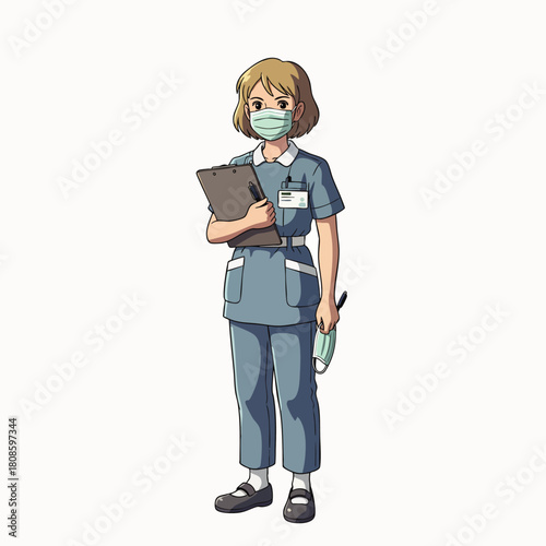A medical professional, a nurse, stands prepared, wearing a face mask, holding a clipboard and a mask, ready to provide care and support.