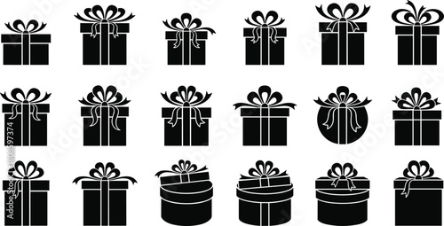 Gift box silhouette, present vector icons, black gift clipart, holiday packaging shapes, festive wrap design, editable gift illustrations, celebration elements