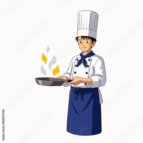 A cheerful chef in a white uniform and blue apron, holding a pan with steam rising, ready to prepare a delicious meal in the kitchen.