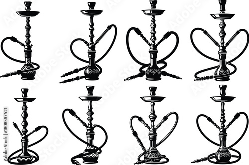 Hookah silhouettes, shisha icons, water pipe illustration, cultural smoking device, black design, traditional style, tobacco accessory, artistic graphic, decorative