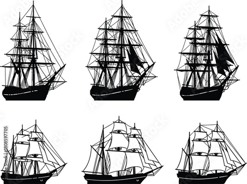 Sailing ship silhouettes, vintage maritime vessels, nautical illustration, historical boats, rigged sails, sea transport, ocean travel, naval design, clipper ships