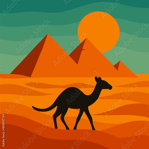 Egypt Pyramids Desert With Camel Sunset Minimal Travel Illustration