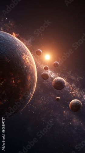Stunning Solar System Planet Alignment with Glowing Star – Epic Deep Space Illustration Featuring Multiple Planets, Galaxy Dust, and Cosmic Light for Sci-Fi and Astronomy Art