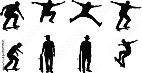 Skateboarder silhouettes, aerial tricks, skateboarding poses, urban sport, extreme action, black figures, freestyle moves, youth culture, stunt motion, dynamic
