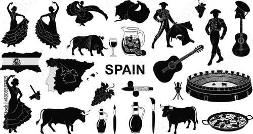 Spain culture silhouettes, flamenco dancers, bullfighter, sangria, guitar, paella, Spanish art, traditional icons, heritage symbols, festive illustration, cuisine