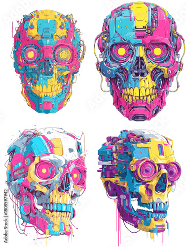 Vibrant cyber skull illustration filled with neon mechanical parts, circuits, wires, and futuristic shapes, creating a bold sci fi artwork with robotic energy and modern tech style.