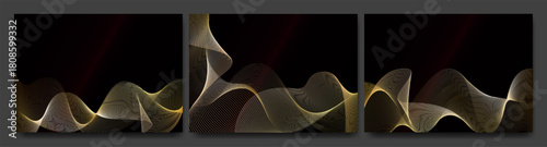 Golden lines luxury wave certificate design. Shiny gold texture poster or flyer. Dark background abstract light pattern of curved glitter ribbons. Elegant swoosh element