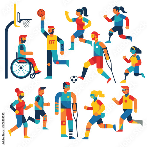 A vibrant digital illustration of diverse athletes with disabilities engaging in various sports, showcasing inclusivity and teamwork on a white background. Perfect for sports marketing,