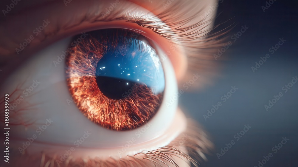 Fototapeta premium Intense macro of a mesmerizing eye reflecting a starry night sky, perfect for science, mystery or fantasy themes, evoking wonder and cosmic beauty
