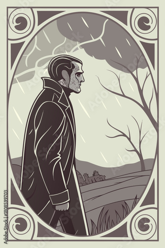 Melancholic man in raincoat walking in the rain