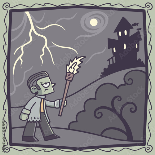 Cartoon illustration of monster carrying torch near haunted house