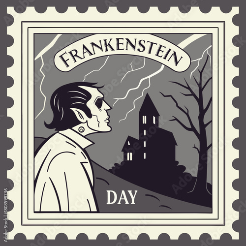 Frankenstein Day postage stamp with vintage design illustration
