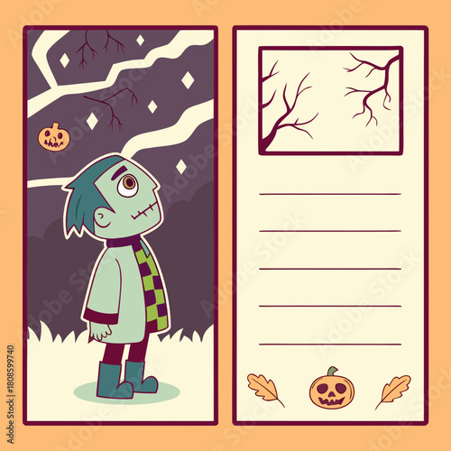 Halloween character standing against a spooky background with notepad