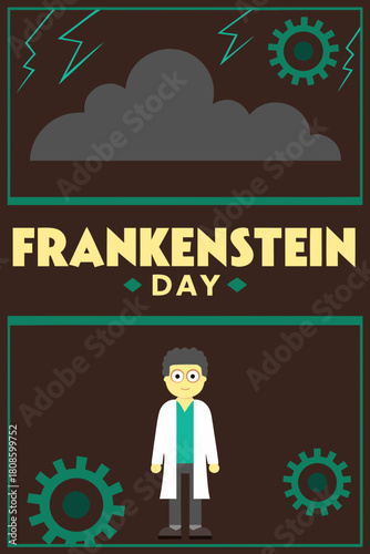Frankenstein Day graphic with scientist illustration
