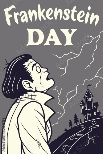 Frankenstein Day Illustration with monster, castle and lightning