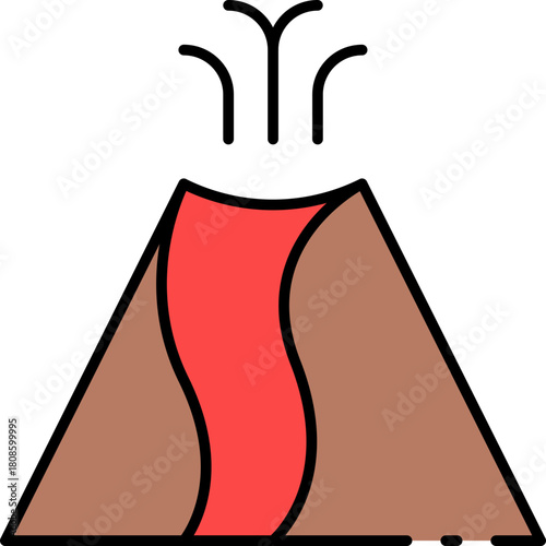 Simple line icon of an erupting volcano with red lava flow and steam, a vector graphic illustration for geology and natural disaster themes