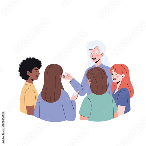 A diverse group of four people sitting in a circle and interacting with each other in a colorful, flat, vector-style illustration. Perfect for teamwork, collaboration, and communication