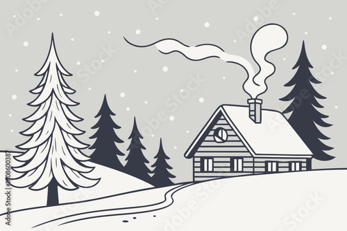 Cozy cabin in snowy winter scene with smoke rising