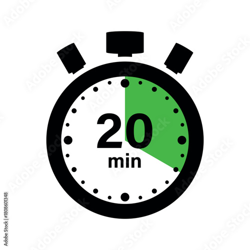 20 minute timer. Stopwatch icon, time for action 20 minutes, stopwatch icon vector illustration