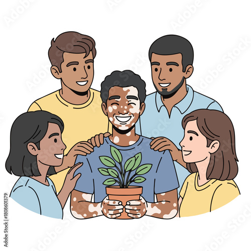 A diverse group of young adults gathered around a man holding a potted plant, smiling and showing support in a colorful vektor icon illustration. Perfect for social media, community