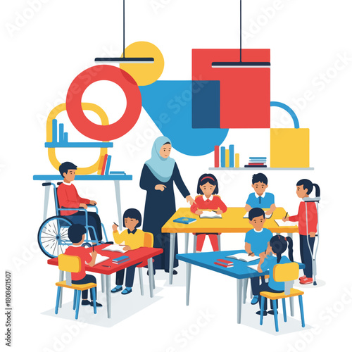 A diverse group of children and a teacher in a classroom with colorful desks and geometric shapes, presented in a vibrant digital illustration. Perfect for education, learning materials,
