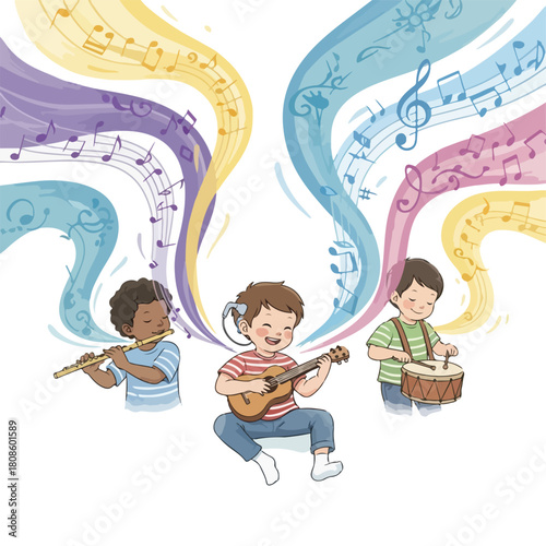 Three children playing musical instruments with colorful music notes flowing around them in a lively digital illustration. Perfect for kids' educational materials, music lessons, and