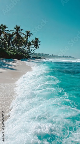 Beautiful Tropical Shore with Crystal Blue Water and Swaying Palm Trees – Serene Beach Landscape Perfect for Travel Posters, Summer Wallpapers, and Coastal Nature Art