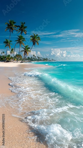 Tropical Beach with Turquoise Waves and Palm Trees – Peaceful Paradise Coastline Scene, Clear Blue Sky, Relaxing Summer Travel Background for Vacation and Nature Designs