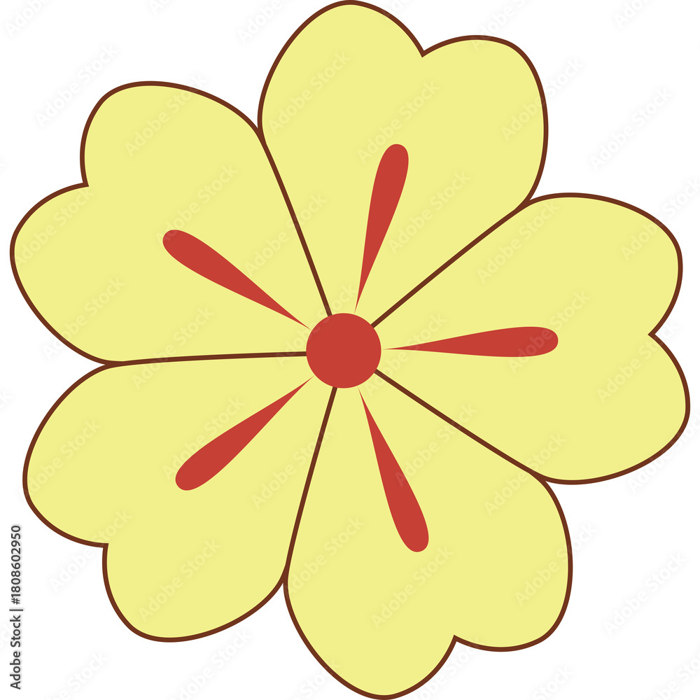 Fototapeta premium Simple Yellow Flower Illustration with Red Accents and Outline on Transparent Background
