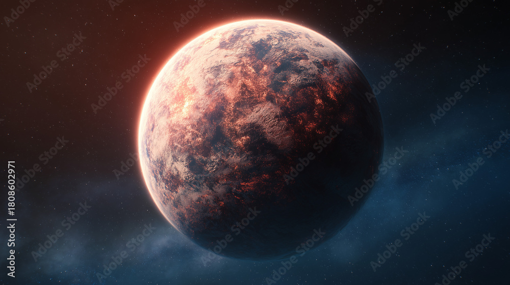 Obraz premium Molten Lava Exoplanet Illuminated by Red Star