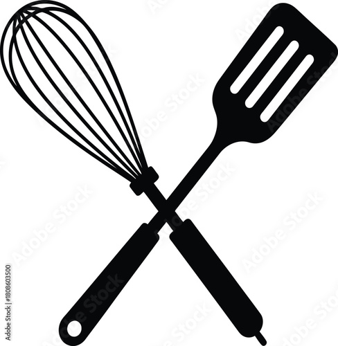Black Silhouette of Crossed Whisk and Spatula on White Background cooking kitchen
