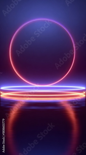 Neon Glowing Circle with Futuristic Light Rings and Reflections – Modern Sci-Fi Background in Blue and Pink Gradient for Tech Designs, Virtual Stage, and Digital Art