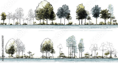 Two rows of hand drawn trees with green and grey foliage and blue water nature