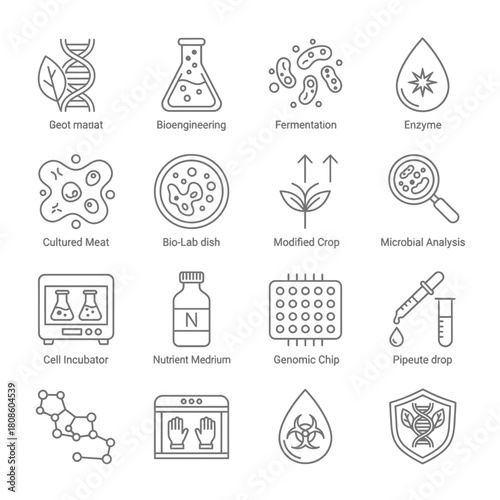 Modern biotechnology icons showcasing genetic engineering, fermentation, enzyme activity, and microbial analysis for scientific research and development in labs