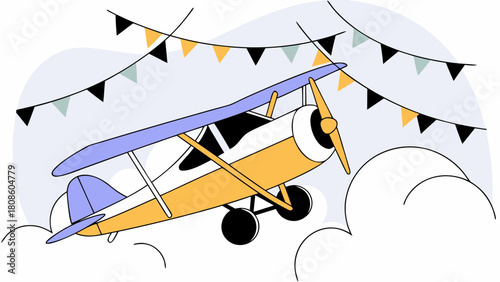Cartoon Biplane Flying Through Clouds with Festive Bunting in the Background Perfect for Children s Illustrations and Aviation Themes