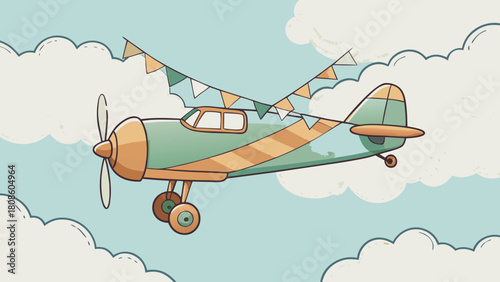 Cartoon Airplane Flying in the Sky with Clouds and Colorful Pennant Flags a Whimsical Illustration for Children
