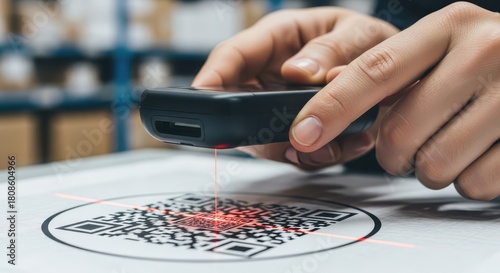Close up of a person scanning a qr code with a barcode scanner in a warehouse or factory for inventory management and tracking