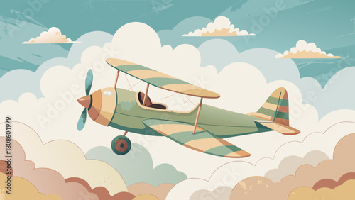 Vintage Biplane Flying Through Dreamy Pastel Clouds A Nostalgic Illustration for Aviation Enthusiasts and Children s Decor Evoking Adventure and Imagination